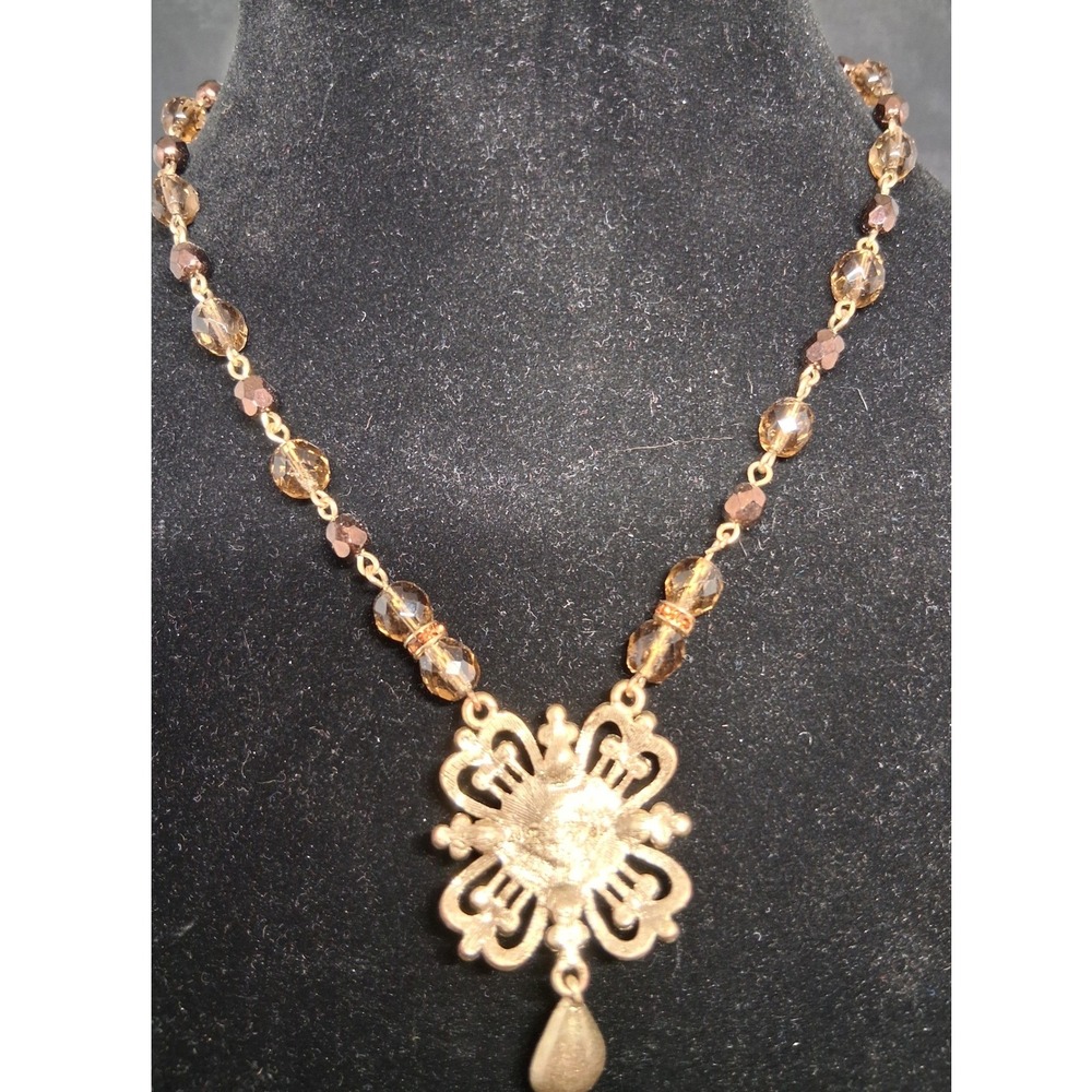Avon Vintage Gold Tone Filigree Smoky Topaz Amb, Crystal Beaded Pendant Necklace - Picture 4 of 14